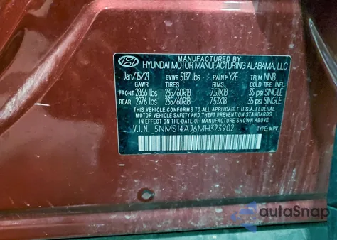2021 Hyundai Santa Fe Se z USA, uszkodzony, nr VIN 5NMS14AJ6MH323902